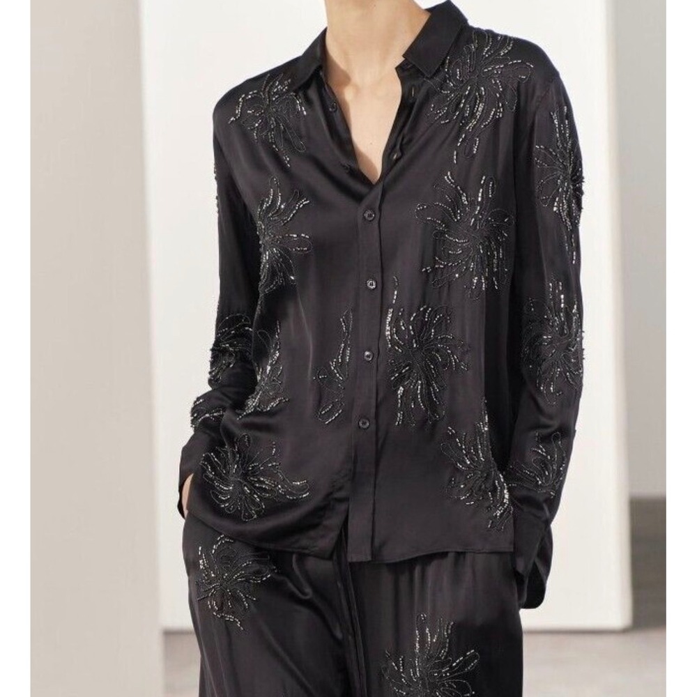 Zara Womens‎ Black Satin Sequin Floral Embroidered Button Down Blouse XL